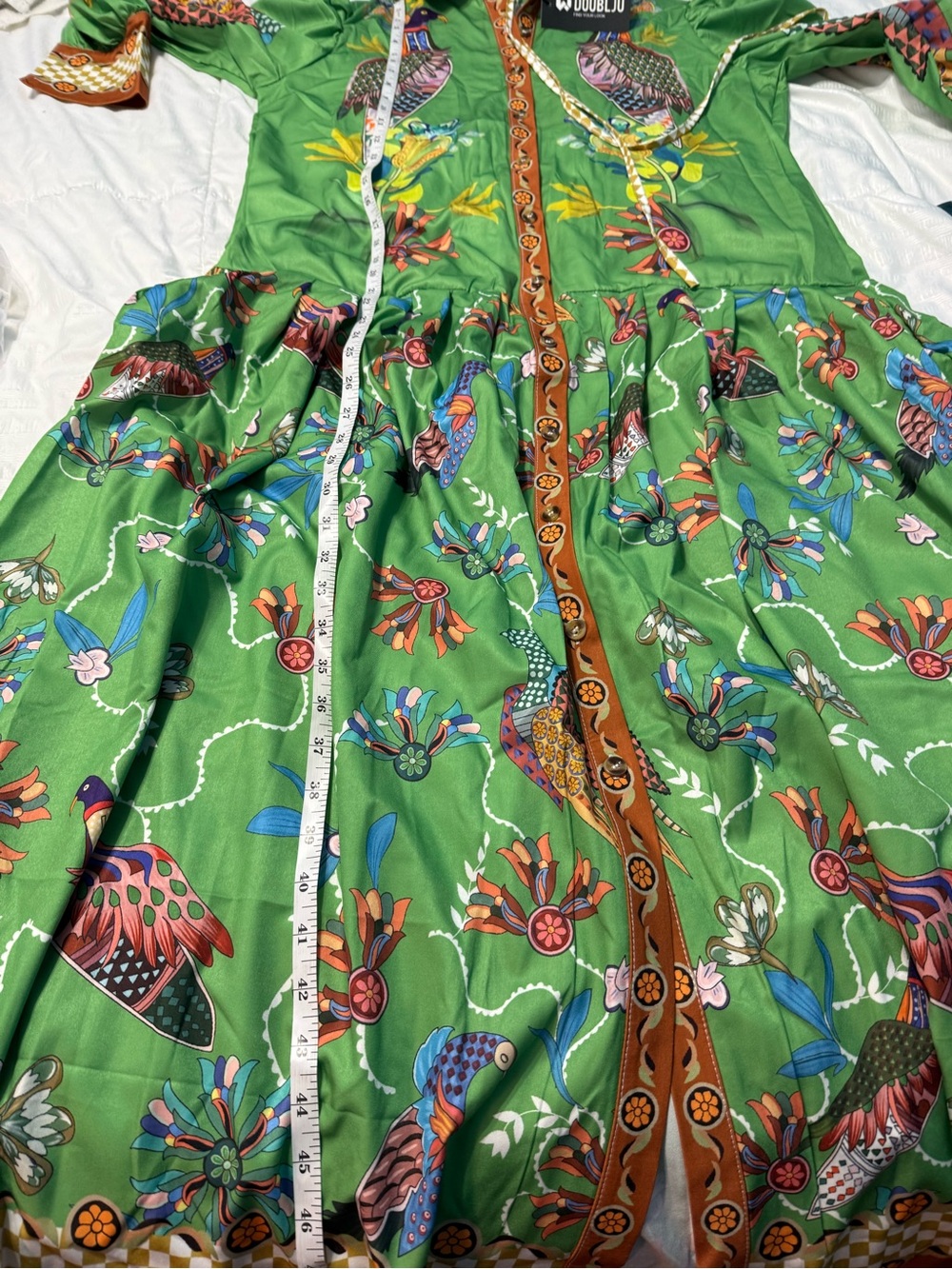 Boho Green Floral & Bird Print Maxi Shirt Dress Fall 2026 L - Picture 5 of 16